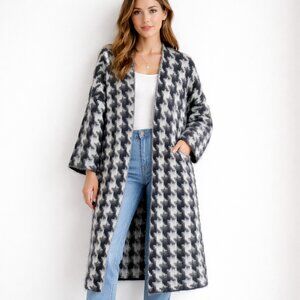 Dimensione Maglia Houndstooth Plaid Grey Navy Blue Mohair Blend Cardigan OS